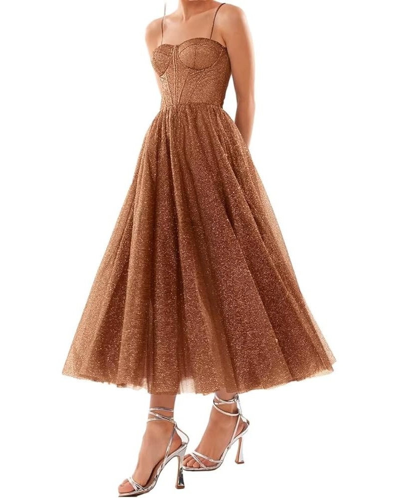 Glitter Tulle Tea Length Prom Dress for Teens A Line Formal Evening Party Gowns Burnt Orange $24.48 Dresses