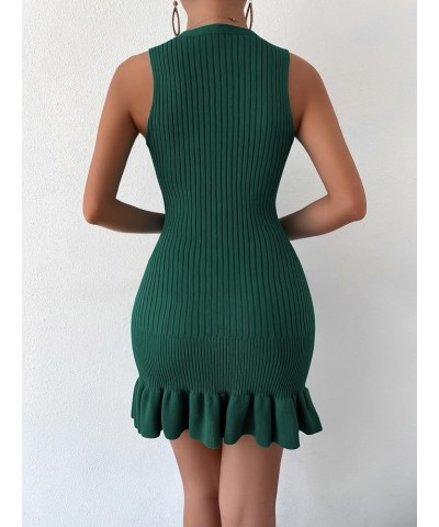 Women's Sleeveless Ruffle Hem Ribbed Knit Mini Bodycon Sweater Dress Dark Green $18.24 Sweaters