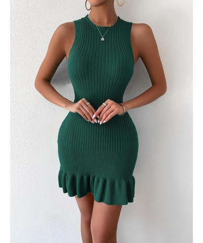 Women's Sleeveless Ruffle Hem Ribbed Knit Mini Bodycon Sweater Dress Dark Green $18.24 Sweaters