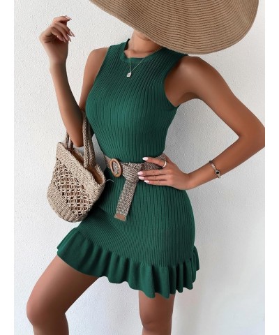 Women's Sleeveless Ruffle Hem Ribbed Knit Mini Bodycon Sweater Dress Dark Green $18.24 Sweaters