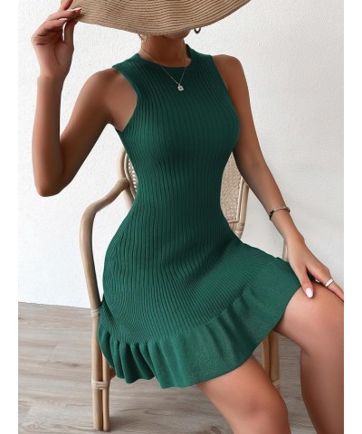 Women's Sleeveless Ruffle Hem Ribbed Knit Mini Bodycon Sweater Dress Dark Green $18.24 Sweaters