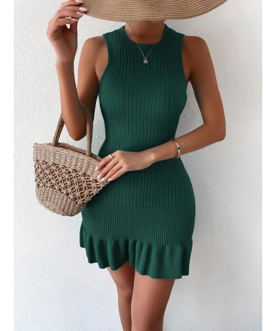 Women's Sleeveless Ruffle Hem Ribbed Knit Mini Bodycon Sweater Dress Dark Green $18.24 Sweaters