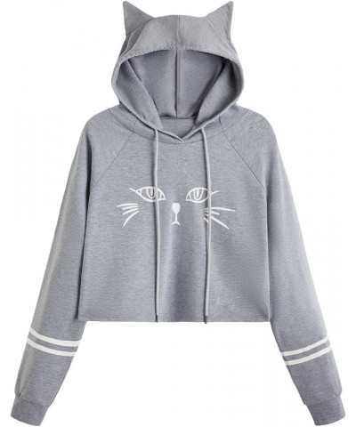 Women's Long Sleeve Hoodie Crop Top Cat Print Sweatshirt Grey Color $14.52 Hoodies & Sweatshirts