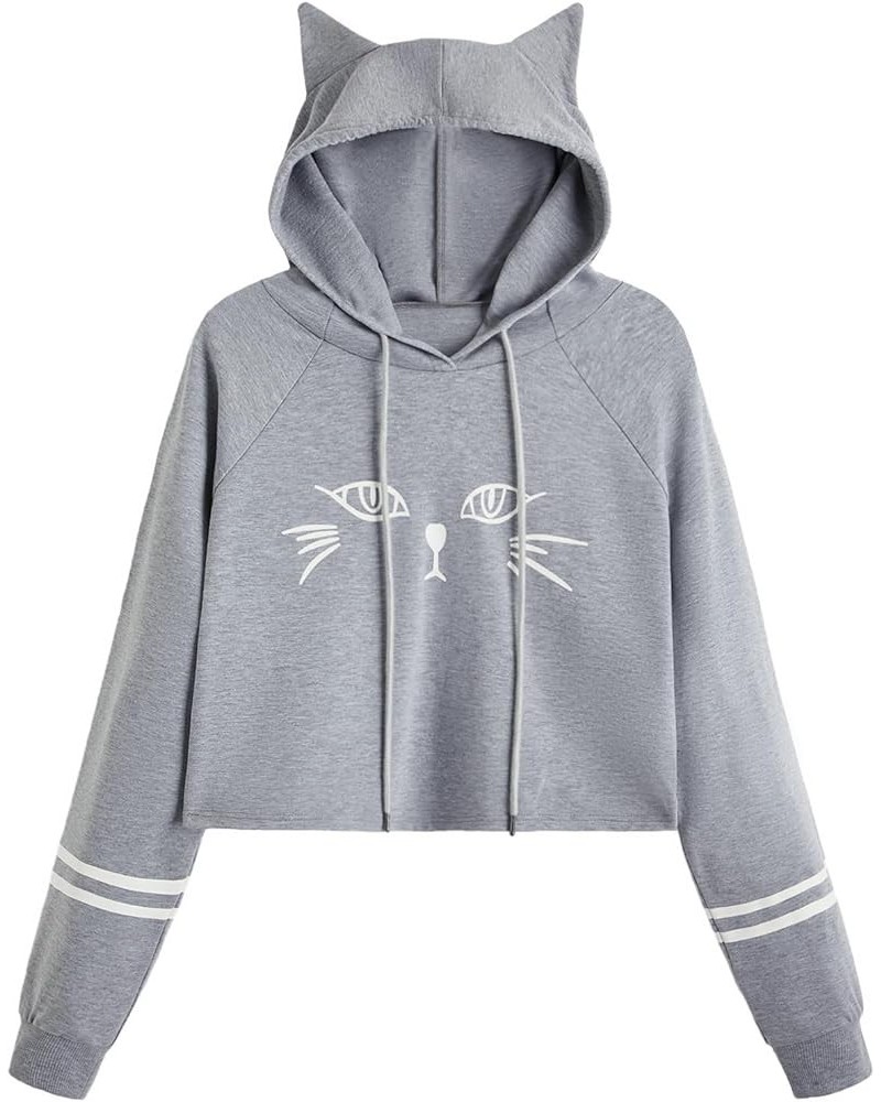 Women's Long Sleeve Hoodie Crop Top Cat Print Sweatshirt Grey Color $14.52 Hoodies & Sweatshirts