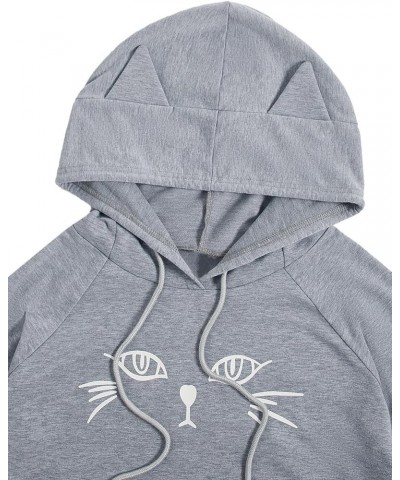 Women's Long Sleeve Hoodie Crop Top Cat Print Sweatshirt Grey Color $14.52 Hoodies & Sweatshirts