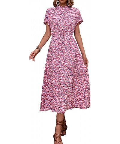 Women's Button Front Drawstring High Waist Short Sleeve A Line Midi Dress Purple Floral $11.07 Dresses