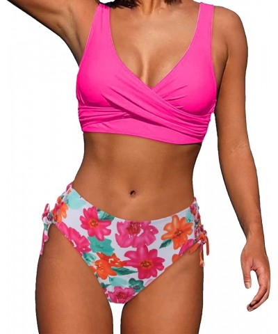 Womens High Waisted Bikini Set Solid Color V Neck Twist Front Bathing Suit with Tummy Control Bottoms Push Up Bathing Suits Z...