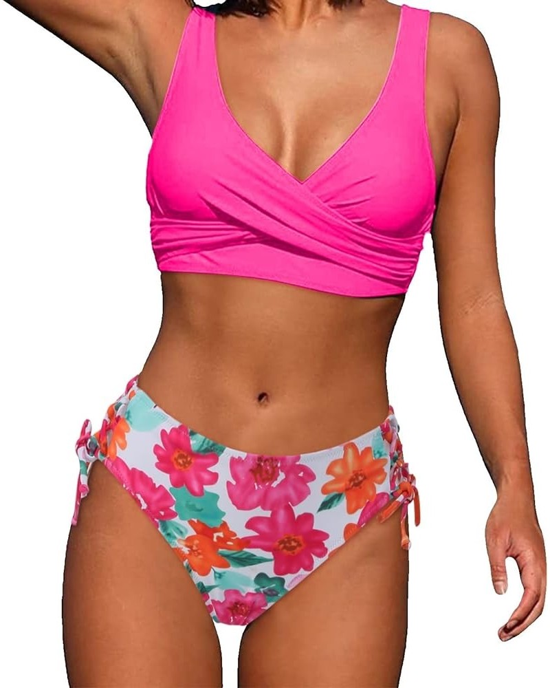 Womens High Waisted Bikini Set Solid Color V Neck Twist Front Bathing Suit with Tummy Control Bottoms Push Up Bathing Suits Z...