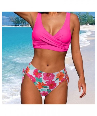 Womens High Waisted Bikini Set Solid Color V Neck Twist Front Bathing Suit with Tummy Control Bottoms Push Up Bathing Suits Z...