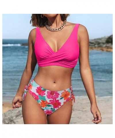 Womens High Waisted Bikini Set Solid Color V Neck Twist Front Bathing Suit with Tummy Control Bottoms Push Up Bathing Suits Z...