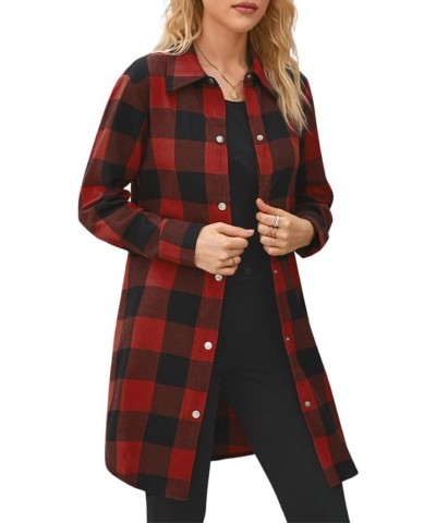 Women's Casual Long Plaid Shacket Jacket Flannel Shirts Lapel Snap-Fastener Long Sleeve Lightweight Coat Red $10.25 Jackets