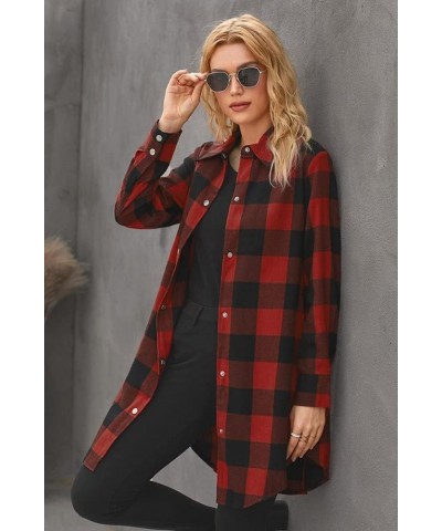 Women's Casual Long Plaid Shacket Jacket Flannel Shirts Lapel Snap-Fastener Long Sleeve Lightweight Coat Red $10.25 Jackets