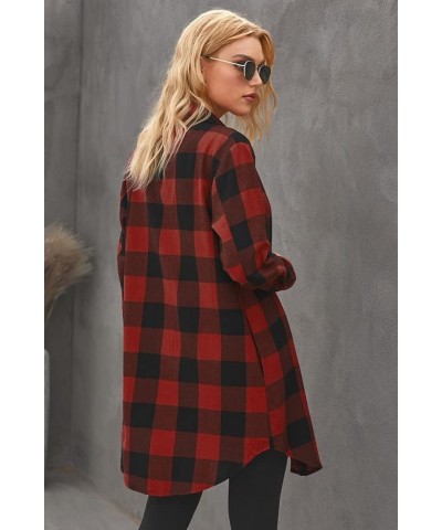 Women's Casual Long Plaid Shacket Jacket Flannel Shirts Lapel Snap-Fastener Long Sleeve Lightweight Coat Red $10.25 Jackets