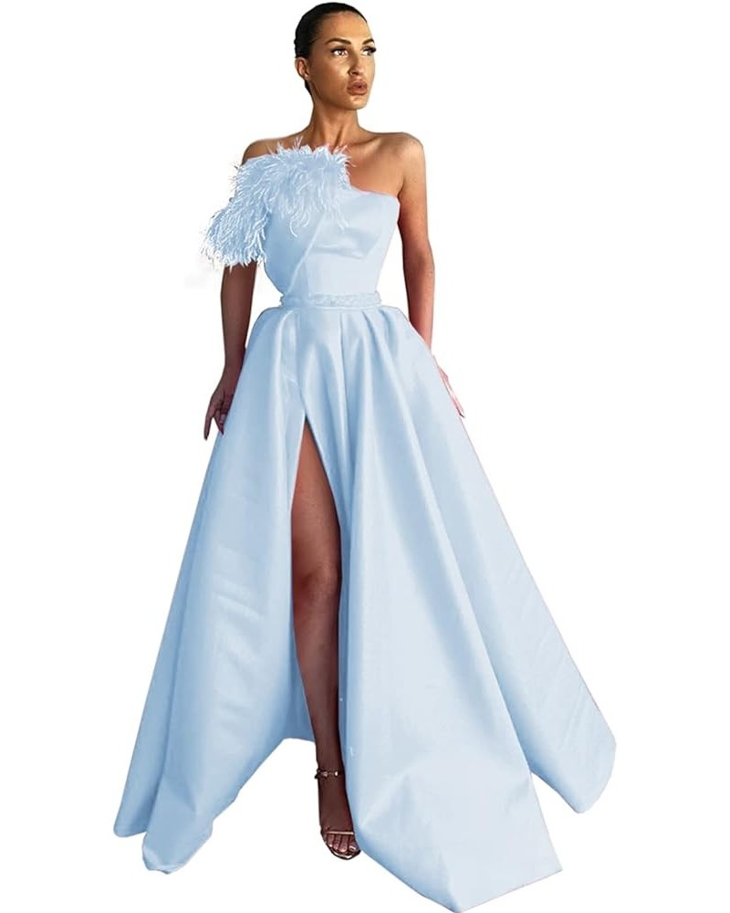 Strapless Satin Prom Dresses 2024 Ball Gown Feather Wedding Dress Aline Formal Evening Party Gowns with Split Light Blue $39....