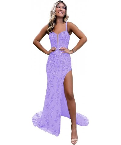 Women's Sweetheart Long Prom Dresses with Slit Tulle Mermaid Formal Evening Gowns with Lace Applique Lavender $32.25 Dresses