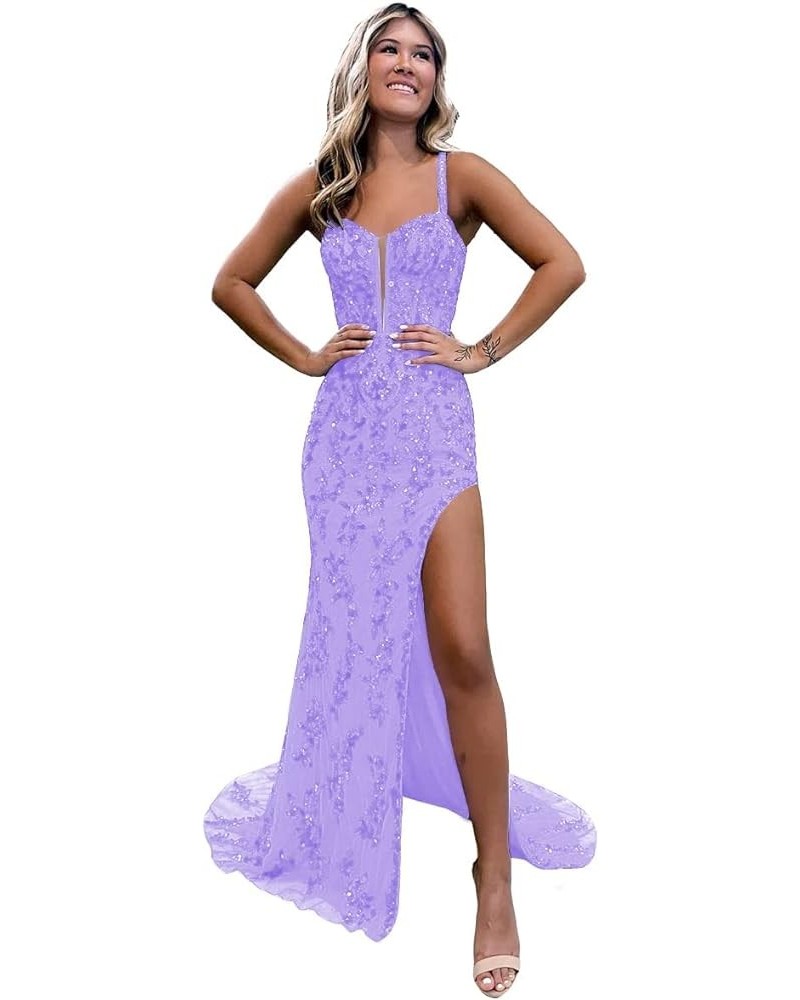 Women's Sweetheart Long Prom Dresses with Slit Tulle Mermaid Formal Evening Gowns with Lace Applique Lavender $32.25 Dresses