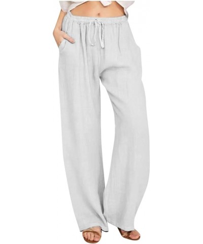 Capri Pants for Women Casual 2023 Summer Drawstring Elastic High Waist Linen Pant Straight Wide Leg Cropped Trouser F07-white...