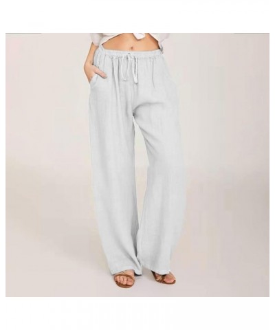 Capri Pants for Women Casual 2023 Summer Drawstring Elastic High Waist Linen Pant Straight Wide Leg Cropped Trouser F07-white...