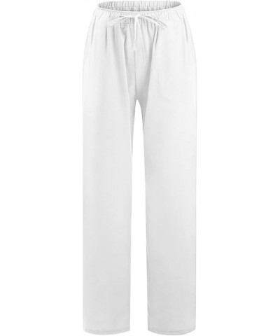 Capri Pants for Women Casual 2023 Summer Drawstring Elastic High Waist Linen Pant Straight Wide Leg Cropped Trouser F07-white...