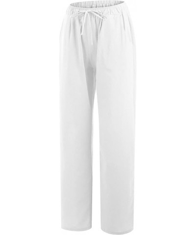 Capri Pants for Women Casual 2023 Summer Drawstring Elastic High Waist Linen Pant Straight Wide Leg Cropped Trouser F07-white...