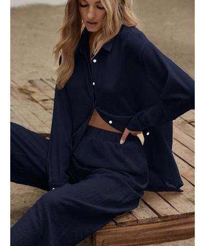 Women's 2 Piece Outfits Slit Hem Longline Blouse and Wide Leg Pants Set Navy Blue $29.69 Jumpsuits