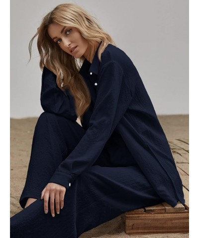 Women's 2 Piece Outfits Slit Hem Longline Blouse and Wide Leg Pants Set Navy Blue $29.69 Jumpsuits