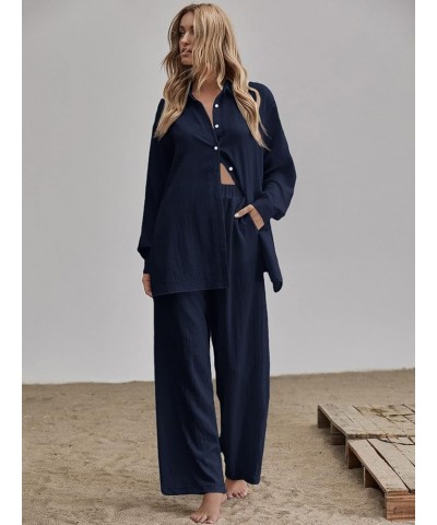 Women's 2 Piece Outfits Slit Hem Longline Blouse and Wide Leg Pants Set Navy Blue $29.69 Jumpsuits