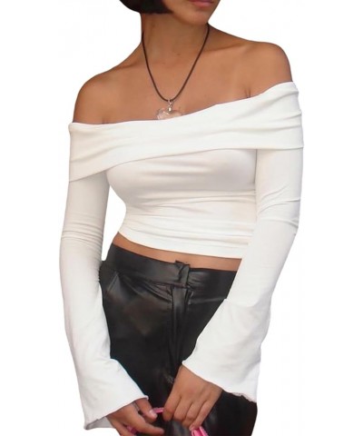 Off Shoulder Long Sleeve Shirts for Women Y2k Going Out Slim Fitted Solid Crop Tops Sexy Backless Basic Tight Blouse Fffll Wh...