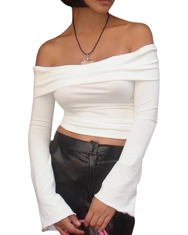 Off Shoulder Long Sleeve Shirts for Women Y2k Going Out Slim Fitted Solid Crop Tops Sexy Backless Basic Tight Blouse Fffll Wh...