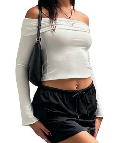 Off Shoulder Long Sleeve Shirts for Women Y2k Going Out Slim Fitted Solid Crop Tops Sexy Backless Basic Tight Blouse Fffll Wh...