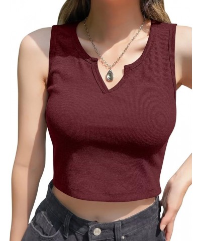 Women Summer Y2K V Neck Crop Tops Basic Short Short Sleeves Sexy Slim Ribbed Sleeveless Workout Tunic 2 Red $9.45 Tanks