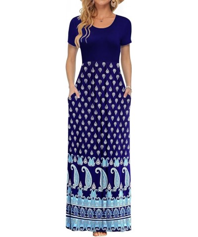 Women Short Sleeve Loose Plain Casual Long Maxi Dresses with Pockets 02-navy Fish Flower $10.50 Dresses