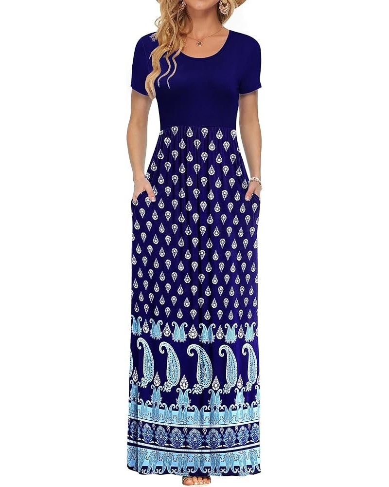 Women Short Sleeve Loose Plain Casual Long Maxi Dresses with Pockets 02-navy Fish Flower $10.50 Dresses