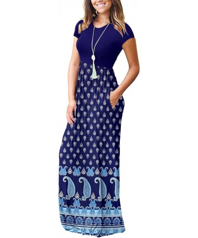 Women Short Sleeve Loose Plain Casual Long Maxi Dresses with Pockets 02-navy Fish Flower $10.50 Dresses