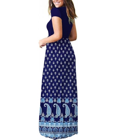 Women Short Sleeve Loose Plain Casual Long Maxi Dresses with Pockets 02-navy Fish Flower $10.50 Dresses