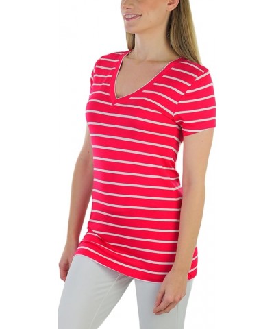 Women's Slim Fit Short Sleeve Crew Neck Tee Striped V-neck - Red/White $7.51 T-Shirts