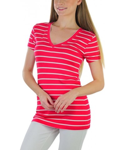 Women's Slim Fit Short Sleeve Crew Neck Tee Striped V-neck - Red/White $7.51 T-Shirts