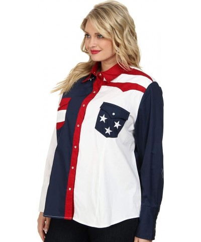 Women's Pieced Stars and Stripes Patriotic Blue $28.52 Blouses