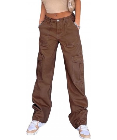 Women's High Waist Cargo Pants Stretch Baggy Multiple Pockets Relaxed Fit Straight Wide Leg Y2K Fashion Jeans 4 Brown $11.01 ...