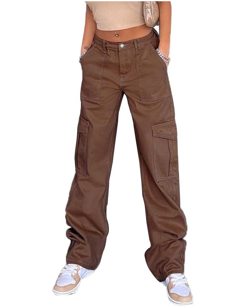 Women's High Waist Cargo Pants Stretch Baggy Multiple Pockets Relaxed Fit Straight Wide Leg Y2K Fashion Jeans 4 Brown $11.01 ...