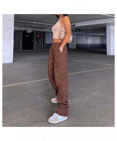 Women's High Waist Cargo Pants Stretch Baggy Multiple Pockets Relaxed Fit Straight Wide Leg Y2K Fashion Jeans 4 Brown $11.01 ...