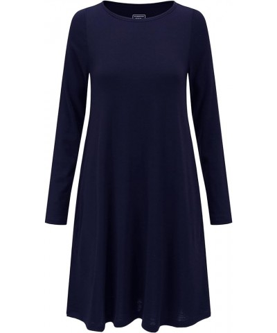 Womens Merino Wool Swing Dress Sleeve Flare with Pockets Navy-long Sleeve $34.32 Dresses