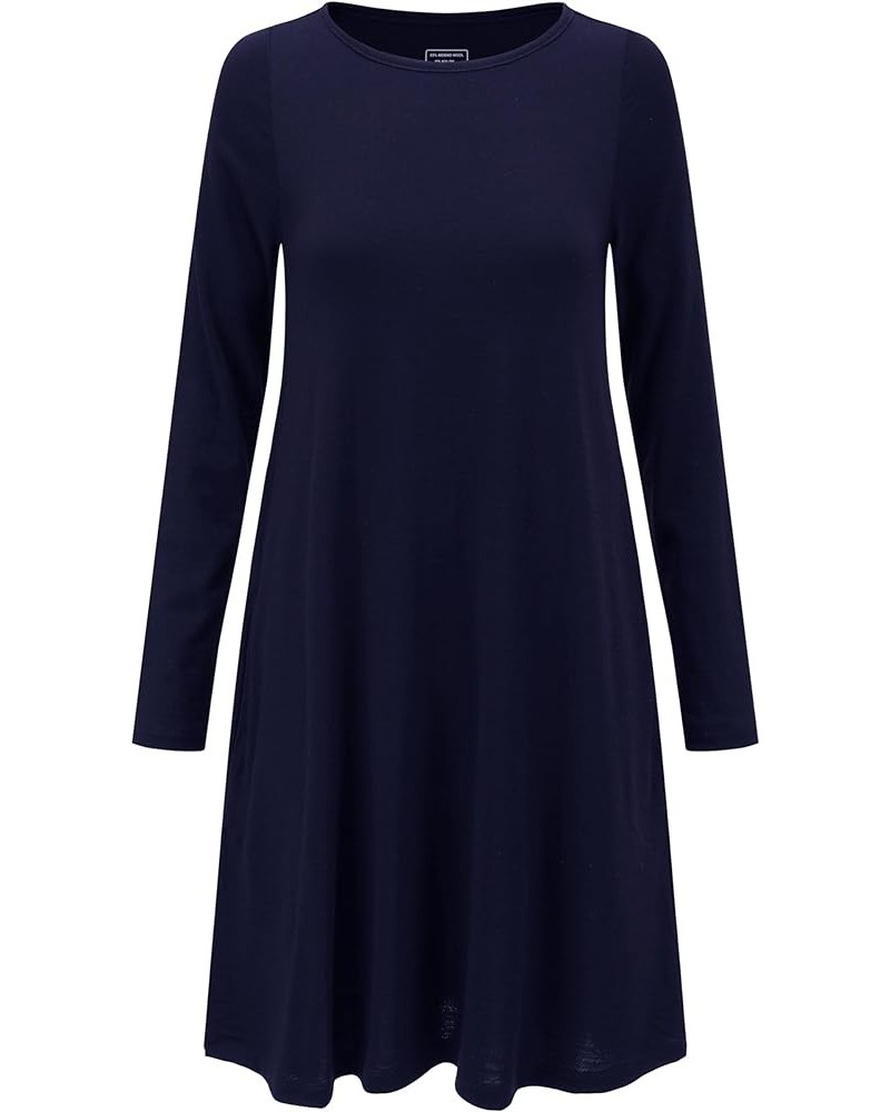 Womens Merino Wool Swing Dress Sleeve Flare with Pockets Navy-long Sleeve $34.32 Dresses