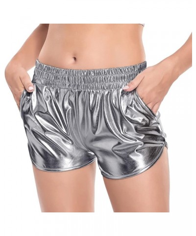 Women's Metallic Shorts Shiny Pants with Elastic Waist Hot Rave Dance Grey $9.24 Activewear