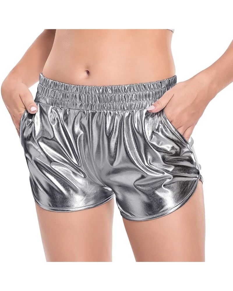 Women's Metallic Shorts Shiny Pants with Elastic Waist Hot Rave Dance Grey $9.24 Activewear