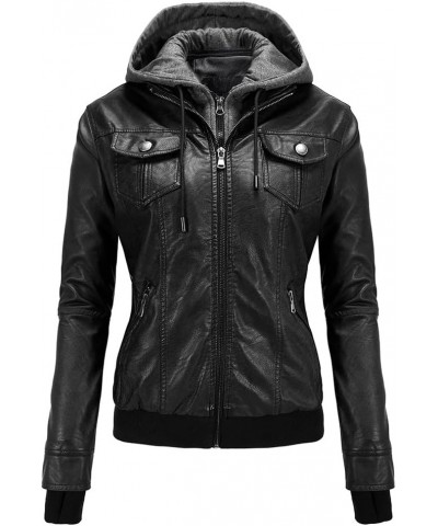 Women's Faux Leather Jacket Plush Hooded Coats Motorcycle Jacket with Removable Hood Slim Windbreaker Z3426bk $22.44 Coats