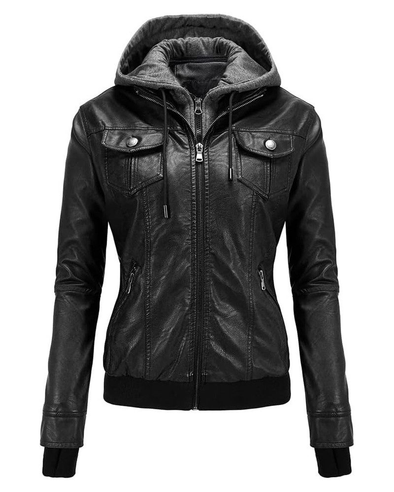 Women's Faux Leather Jacket Plush Hooded Coats Motorcycle Jacket with Removable Hood Slim Windbreaker Z3426bk $22.44 Coats