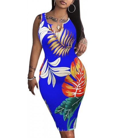 Women's Sexy U Neck Bodycon Midi Dress Floral Print Sleeveless Summer Sun Tank Dresses A-blue Floral $8.99 Dresses