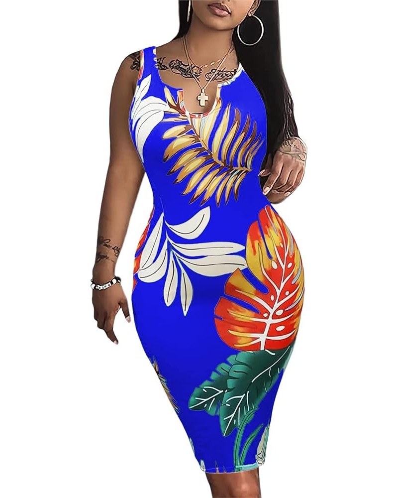 Women's Sexy U Neck Bodycon Midi Dress Floral Print Sleeveless Summer Sun Tank Dresses A-blue Floral $8.99 Dresses