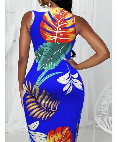 Women's Sexy U Neck Bodycon Midi Dress Floral Print Sleeveless Summer Sun Tank Dresses A-blue Floral $8.99 Dresses